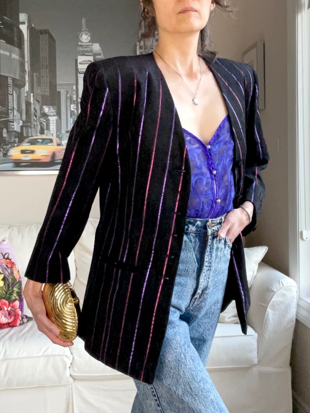Vintage black metallic stripe blazer